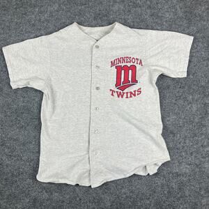 Minnesota Twins Baseball Jersey Mens Size L Gray Button Front MLB Graphic